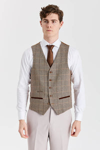 Mayfair Stone -kuvioitu puku ja Harrisinruskea tweed-liivi