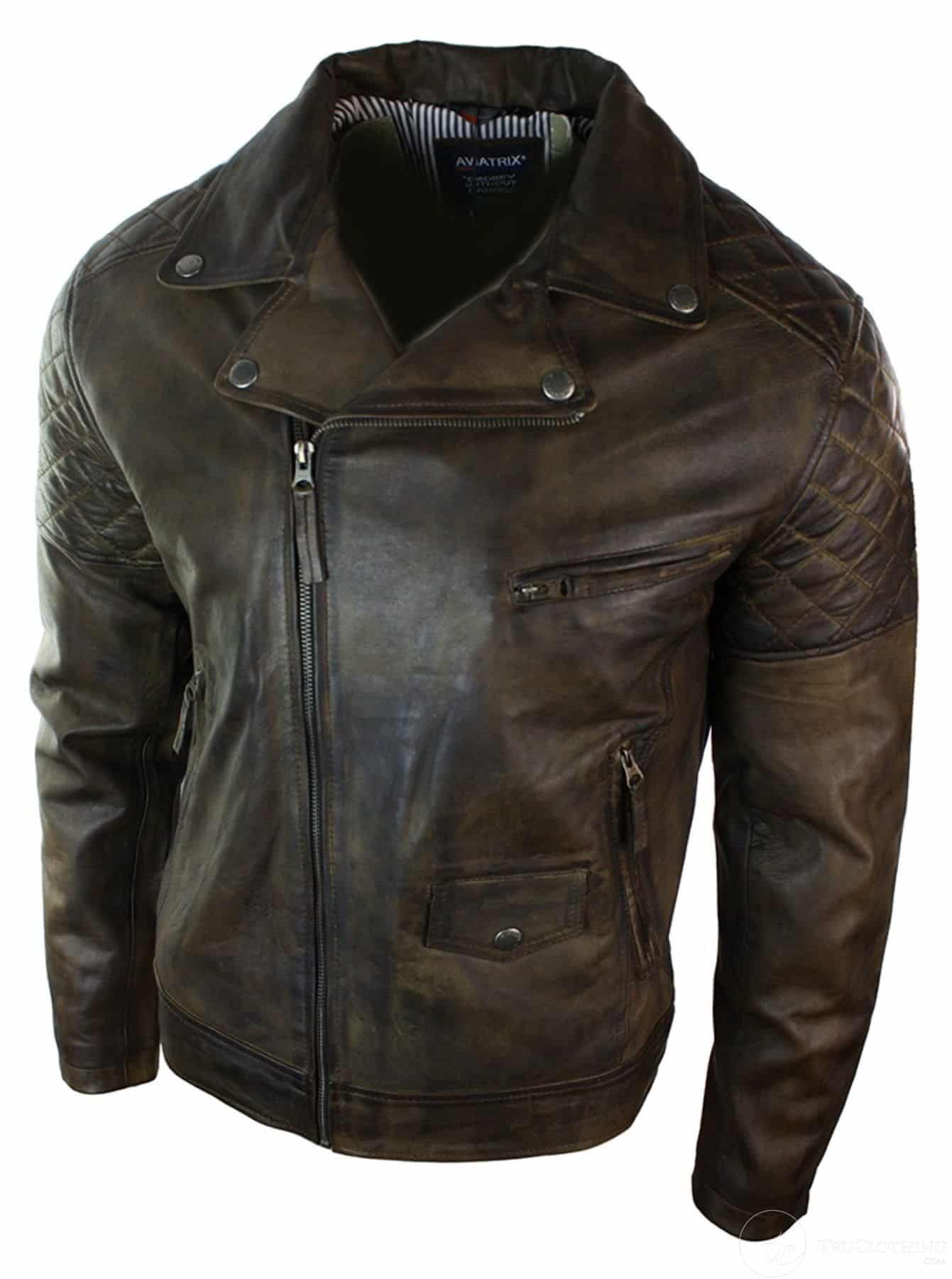 Aitoa nahkaa, vintage-tyylinen pesty ruskea, musta, viininpunainen, sininen, puuta, miesten biker-takki, ristivetoketjullinen, retro, rento-ruskea