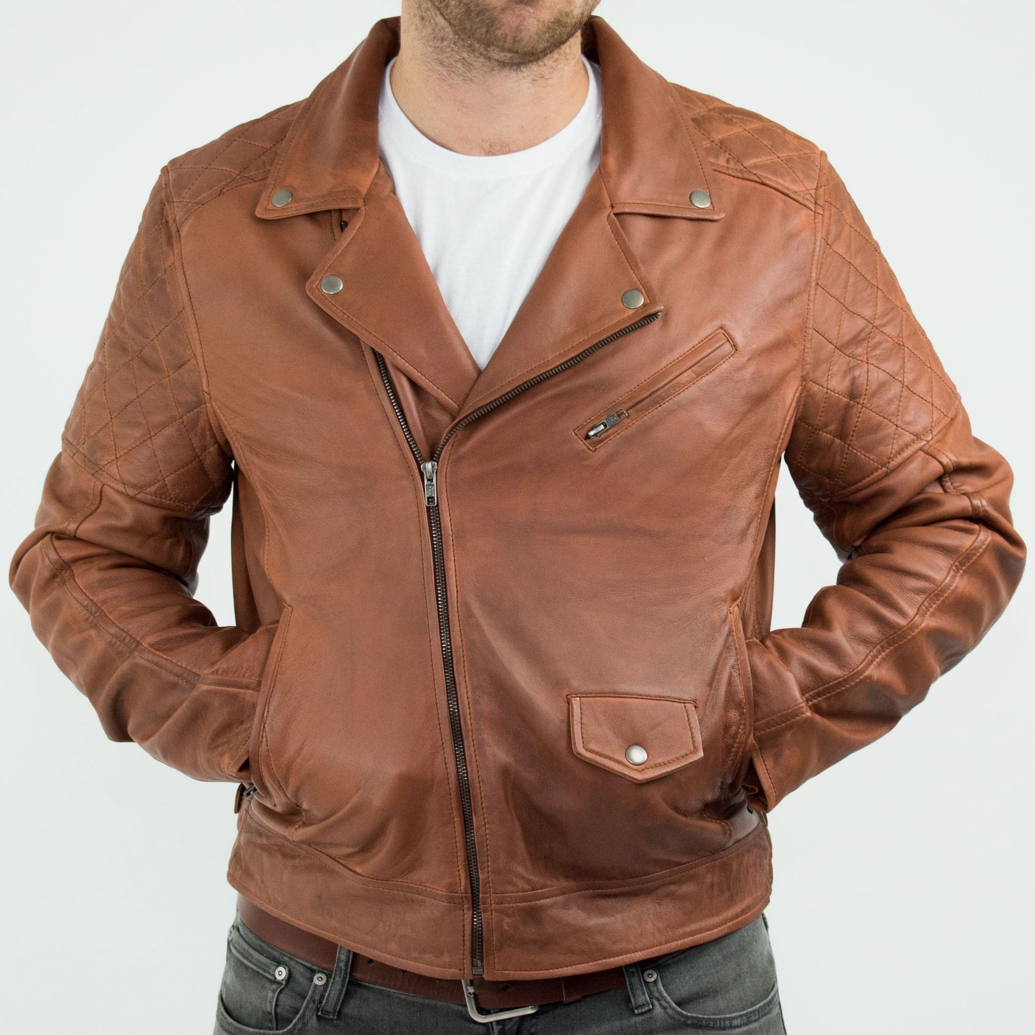 Aitoa nahkaa, Vintage Washed Brown Timber -miesten biker-takki, ristivetoketjullinen, retrotyylinen, rento - Nevada Timber