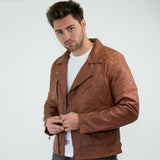 Aitoa nahkaa, Vintage Washed Brown Timber -miesten biker-takki, ristivetoketjullinen, retrotyylinen, rento - Nevada Timber