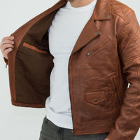 Aitoa nahkaa, Vintage Washed Brown Timber -miesten biker-takki, ristivetoketjullinen, retrotyylinen, rento - Nevada Timber
