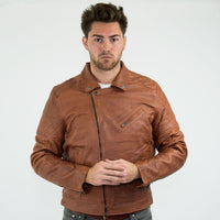 Aitoa nahkaa, Vintage Washed Brown Timber -miesten biker-takki, ristivetoketjullinen, retrotyylinen, rento - Nevada Timber