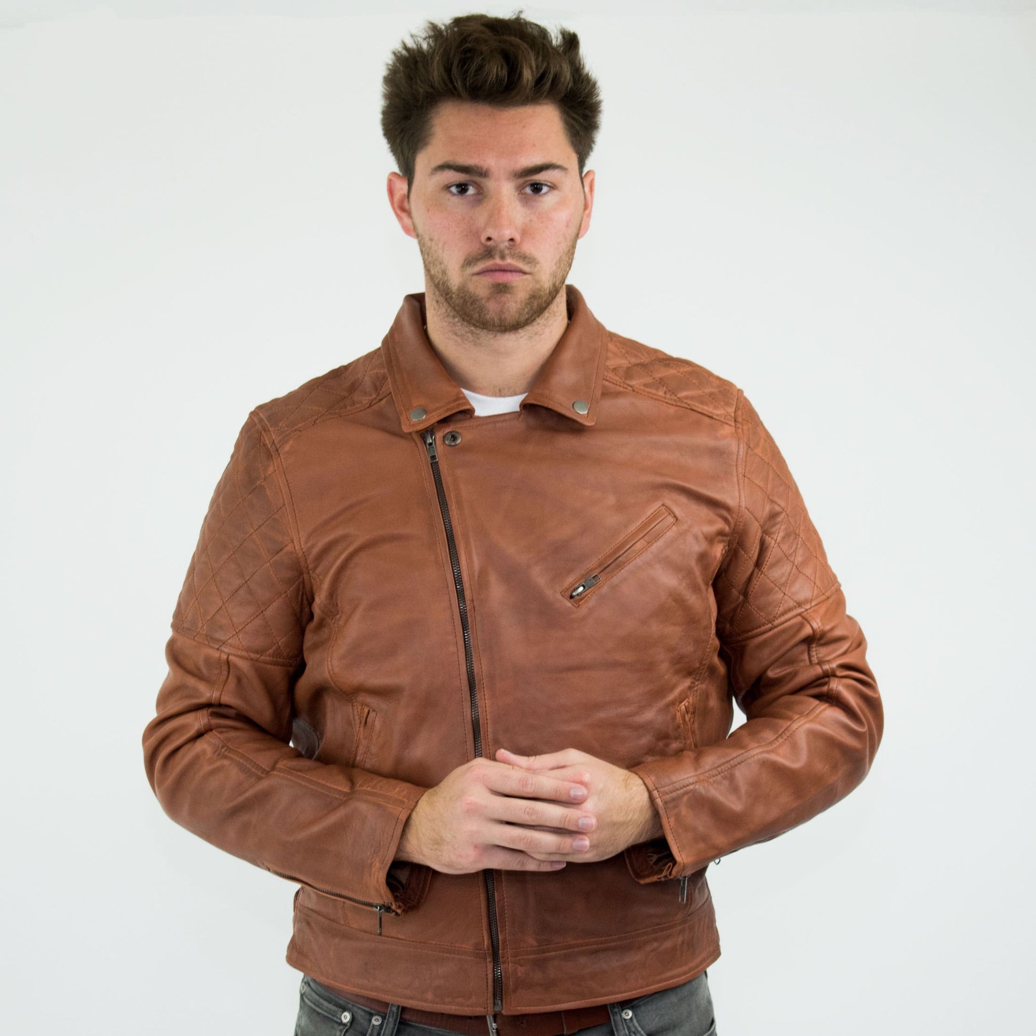 Aitoa nahkaa, Vintage Washed Brown Timber -miesten biker-takki, ristivetoketjullinen, retrotyylinen, rento - Nevada Timber