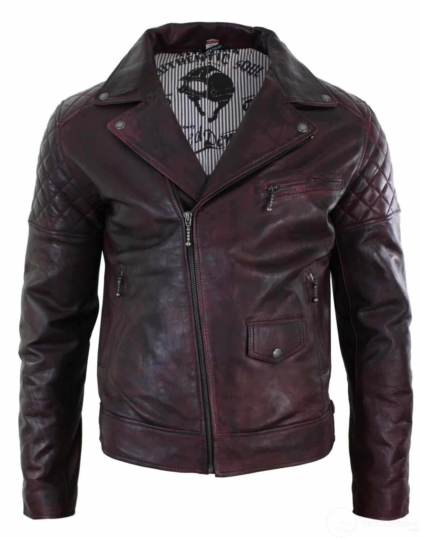 Aitoa nahkaa, vintage-tyylinen pesty ruskea, musta, viininpunainen, sininen, puuta, miesten biker-takki, ristivetoketjullinen, retro, rento - Pepsi Burgundy