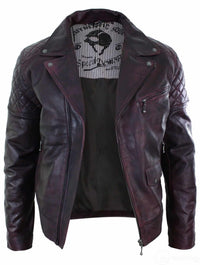 Aitoa nahkaa, vintage-tyylinen pesty ruskea, musta, viininpunainen, sininen, puuta, miesten biker-takki, ristivetoketjullinen, retro, rento - Pepsi Burgundy