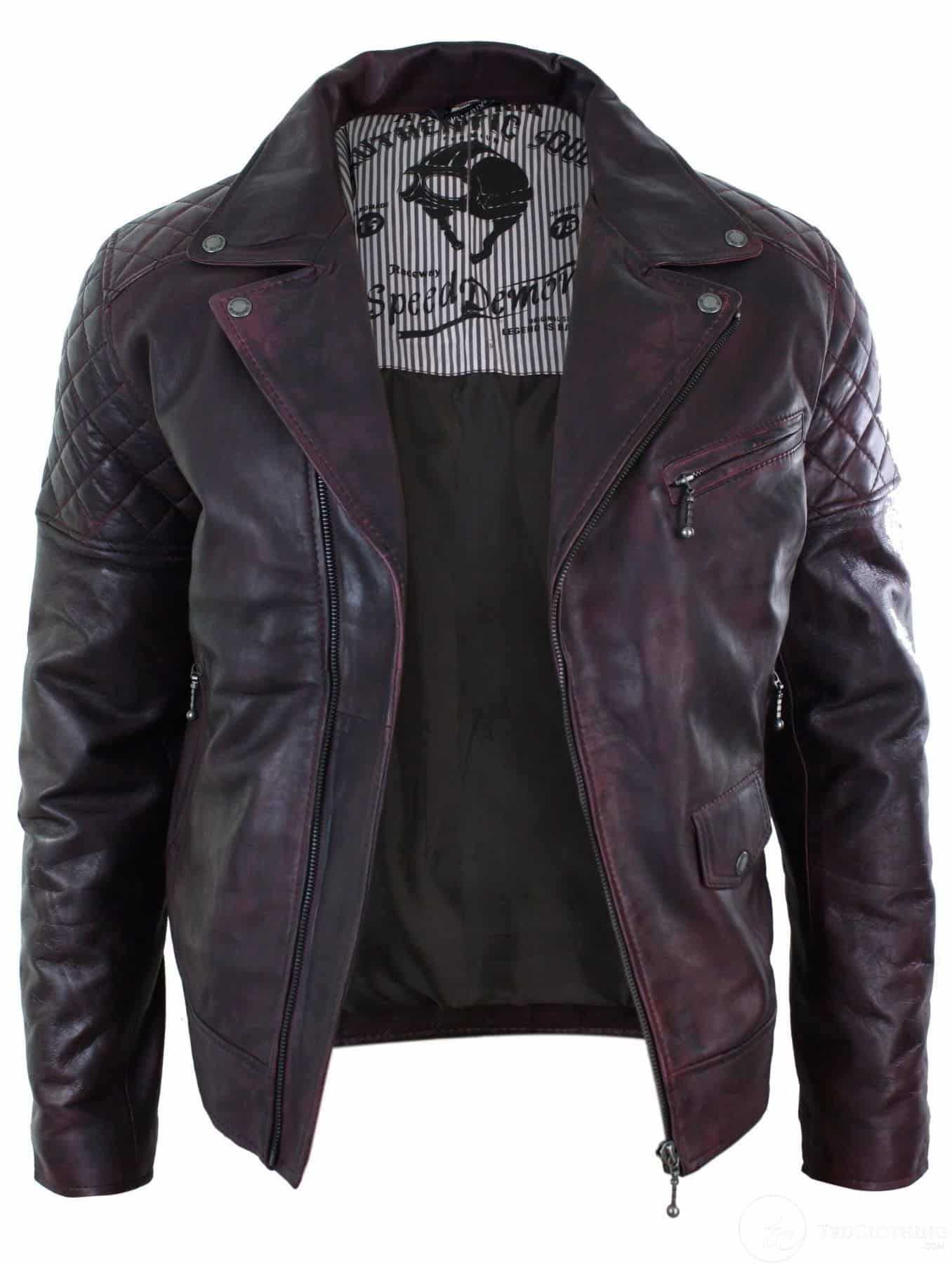 Aitoa nahkaa, vintage-tyylinen pesty ruskea, musta, viininpunainen, sininen, puuta, miesten biker-takki, ristivetoketjullinen, retro, rento - Pepsi Burgundy