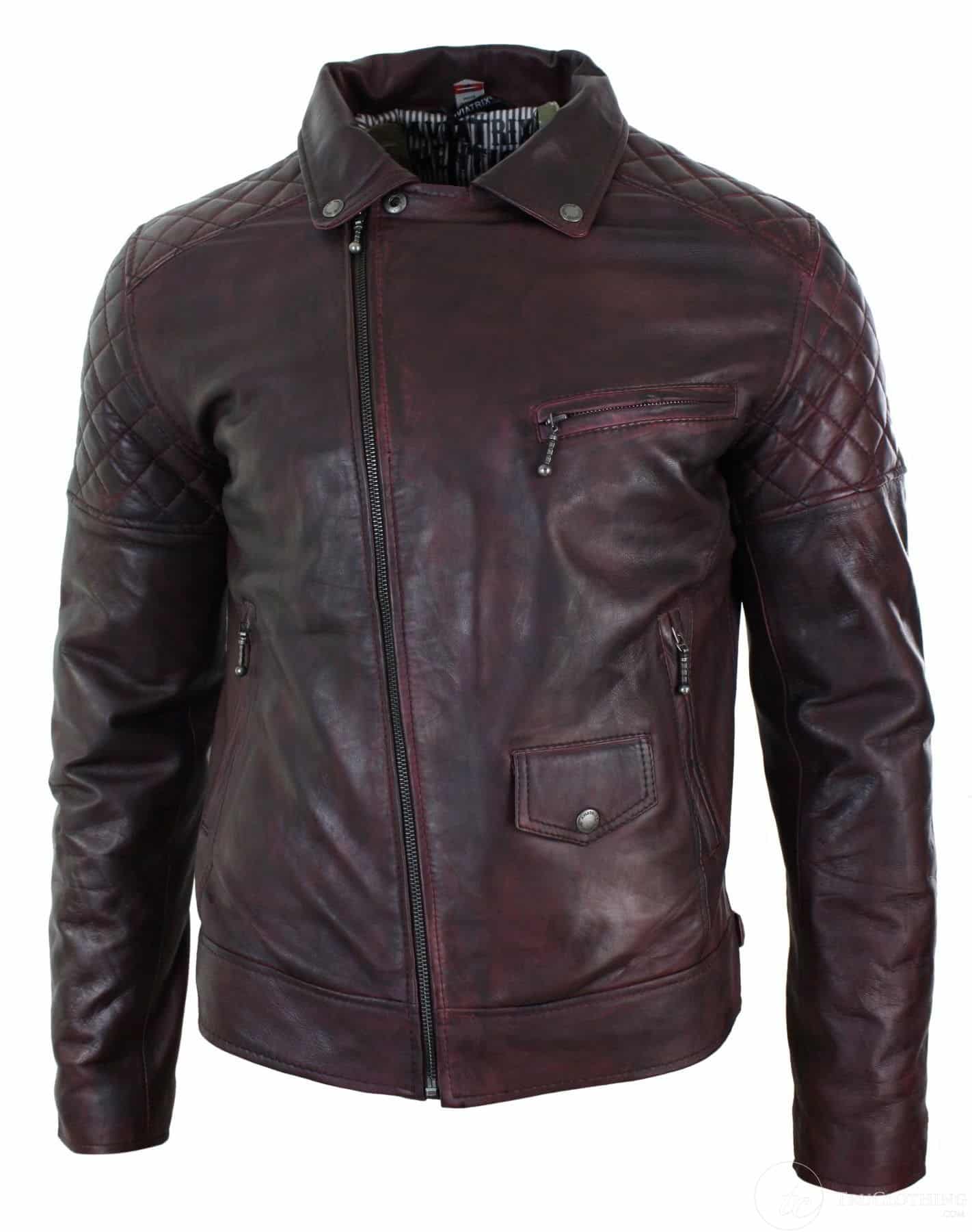 Aitoa nahkaa, vintage-tyylinen pesty ruskea, musta, viininpunainen, sininen, puuta, miesten biker-takki, ristivetoketjullinen, retro, rento - Pepsi Burgundy