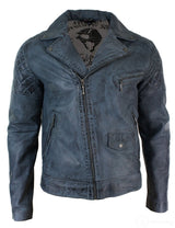 Aitoa nahkaa, vintage-tyylinen pesty biker-takki miehille, ristivetoketjullinen retro-rento takki - sininen