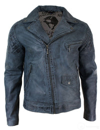 Aitoa nahkaa, vintage-tyylinen pesty biker-takki miehille, ristivetoketjullinen retro-rento takki - sininen