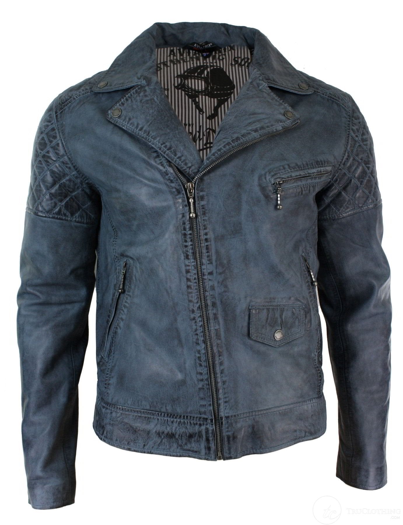 Aitoa nahkaa, vintage-tyylinen pesty biker-takki miehille, ristivetoketjullinen retro-rento takki - sininen