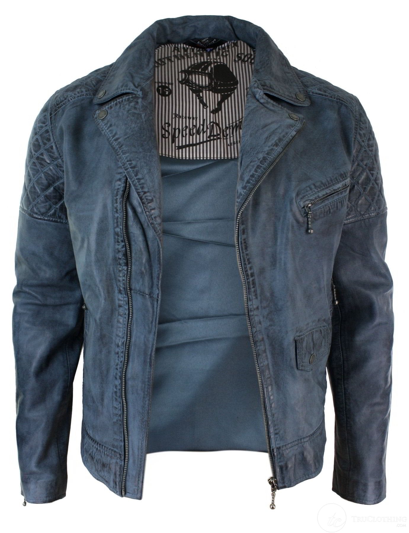 Aitoa nahkaa, vintage-tyylinen pesty biker-takki miehille, ristivetoketjullinen retro-rento takki - sininen