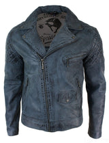 Aitoa nahkaa, vintage-tyylinen pesty biker-takki miehille, ristivetoketjullinen retro-rento takki - sininen