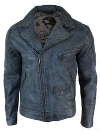 Aitoa nahkaa, vintage-tyylinen pesty biker-takki miehille, ristivetoketjullinen retro-rento takki - sininen