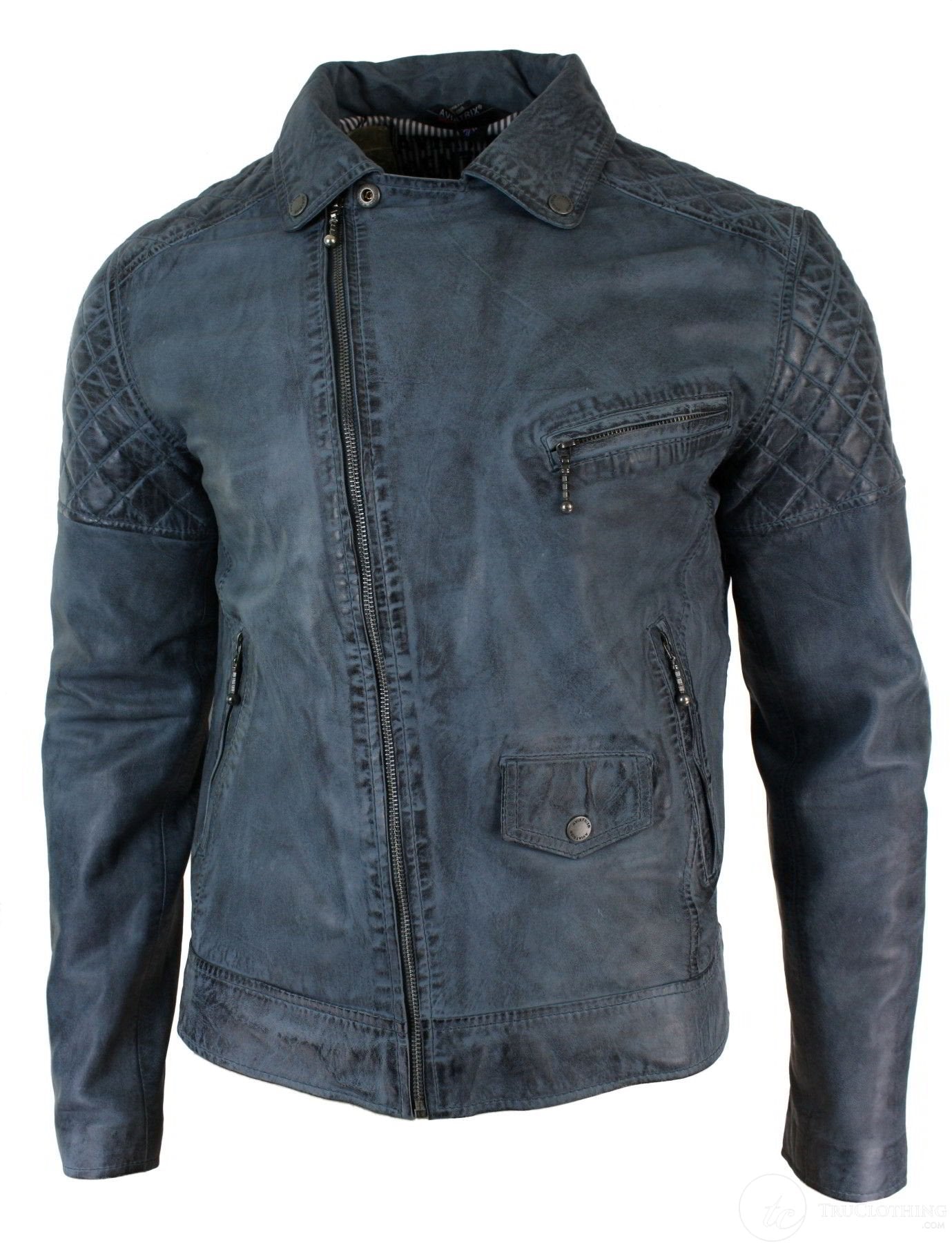 Aitoa nahkaa, vintage-tyylinen pesty biker-takki miehille, ristivetoketjullinen retro-rento takki - sininen
