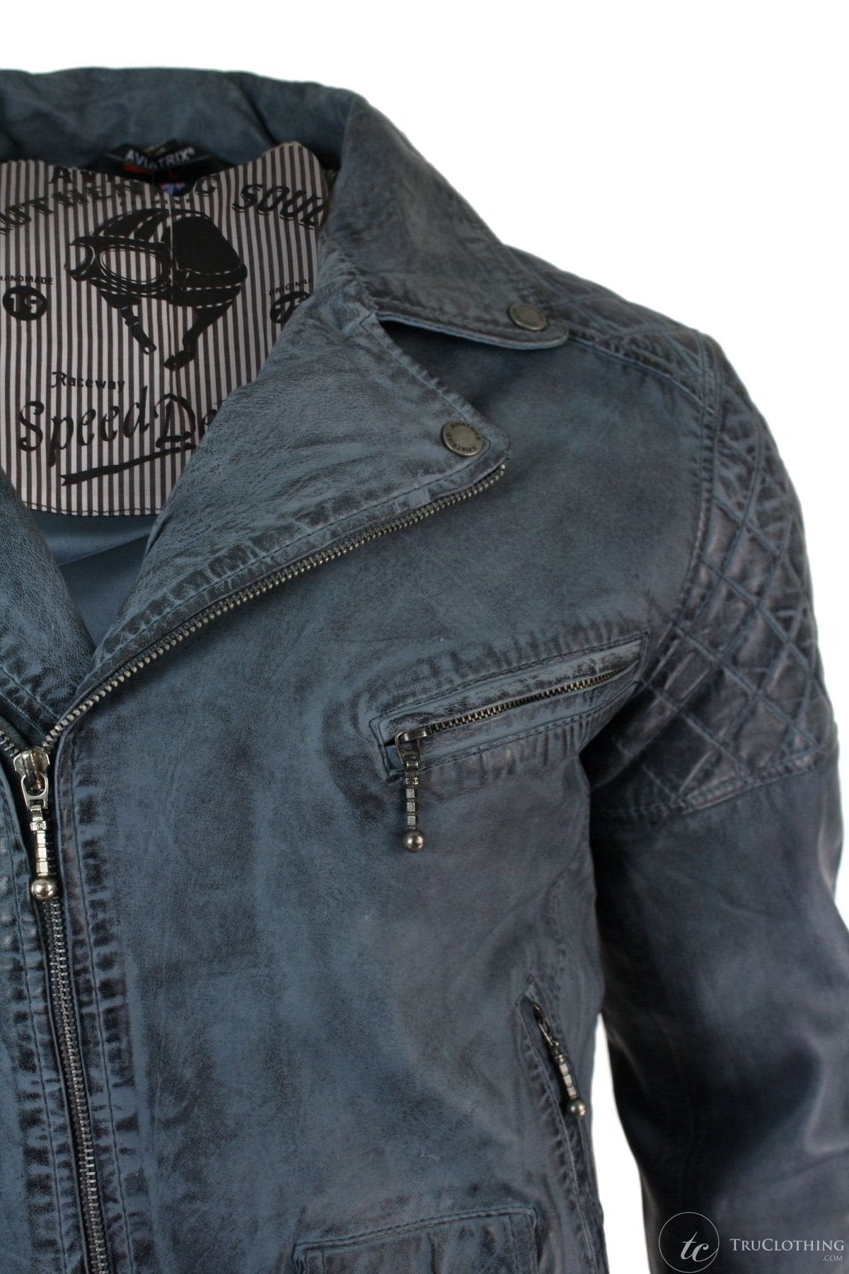 Aitoa nahkaa, vintage-tyylinen pesty biker-takki miehille, ristivetoketjullinen retro-rento takki - sininen