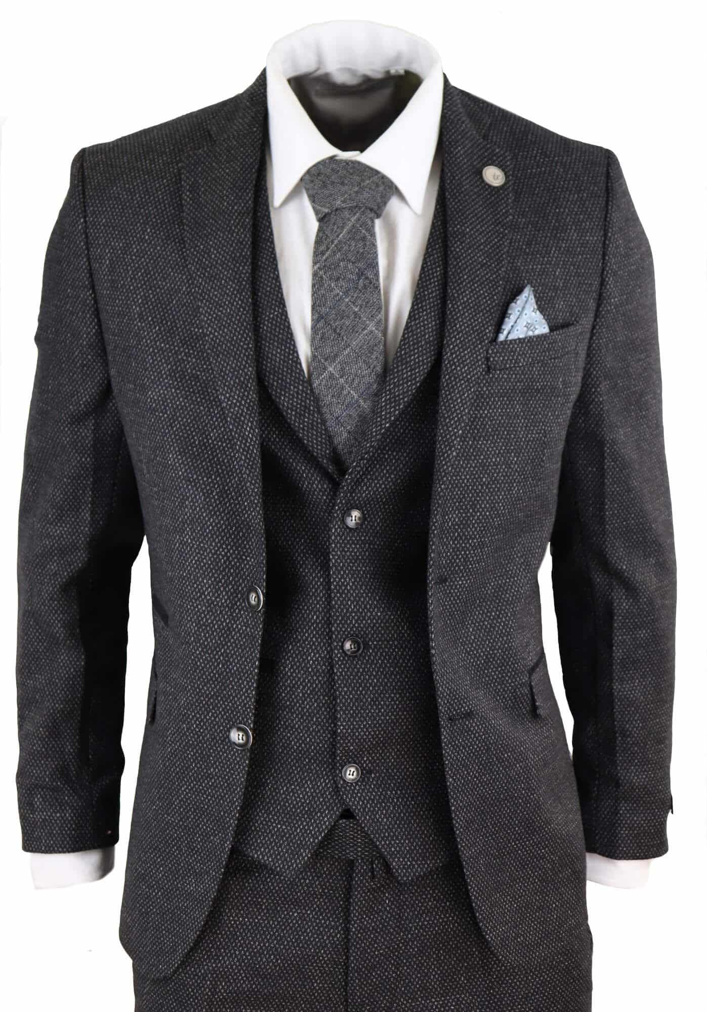 Miesten musta tweed-kangaspuku, kolmiosainen, vintage-tyyliin - STZ14