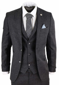 Miesten musta tweed-kangaspuku, kolmiosainen, vintage-tyyliin - STZ14