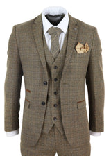 Miesten kolmiosainen tweed-ruutupuku - ruskea