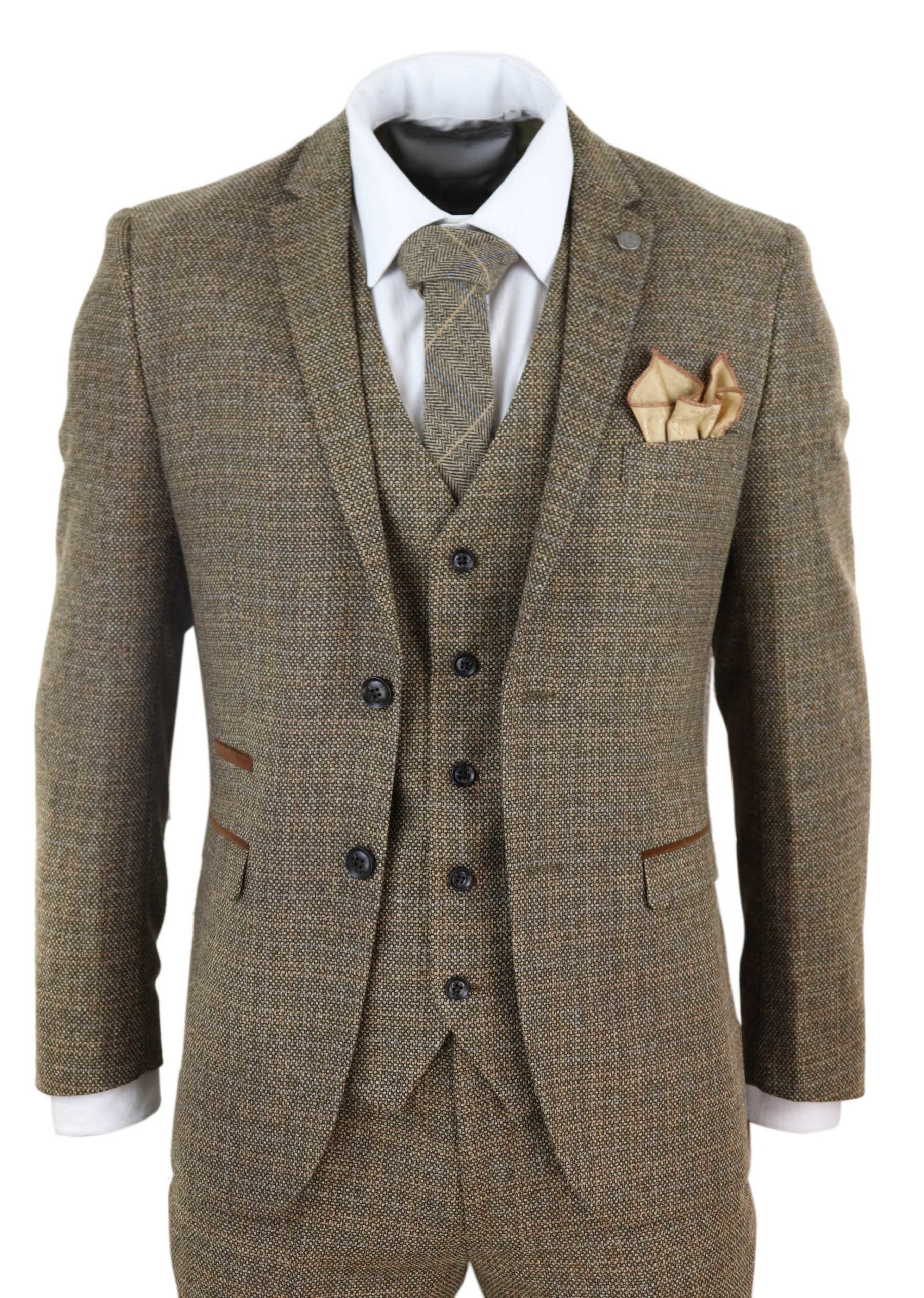 Miesten kolmiosainen tweed-ruutupuku - ruskea