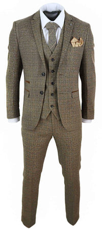 Miesten kolmiosainen tweed-ruutupuku - ruskea