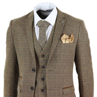 Miesten kolmiosainen tweed-ruutupuku - ruskea