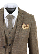Miesten kolmiosainen tweed-ruutupuku - ruskea
