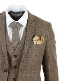 Miesten kolmiosainen tweed-ruutupuku - ruskea