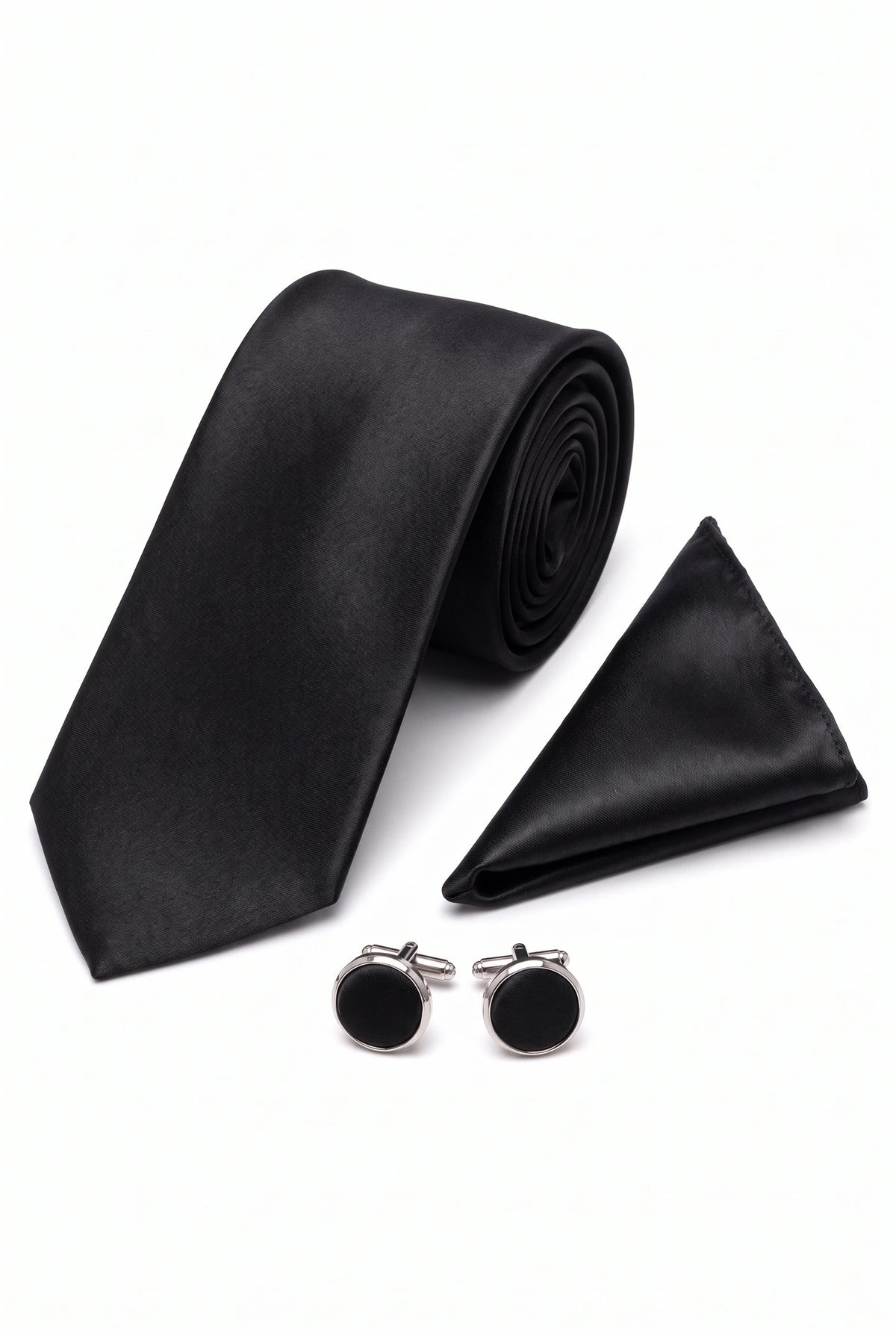 Miesten musta solmiosetti taskuliinalla ja kalvosinnapeilla