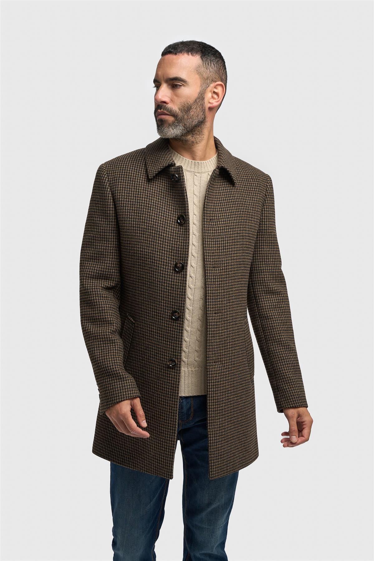 Miesten ruskea villasekoitteinen Houndstooth-tweed-päällystakki