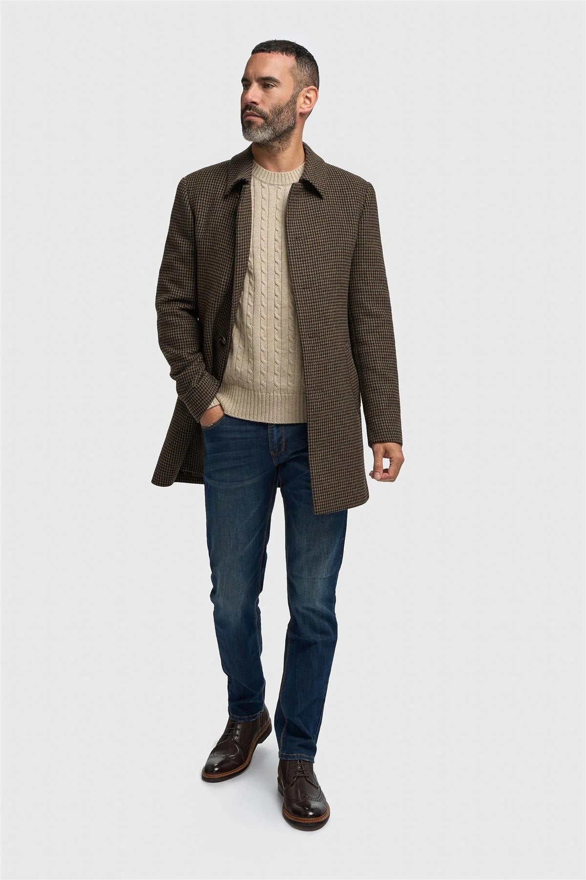 Miesten ruskea villasekoitteinen Houndstooth-tweed-päällystakki