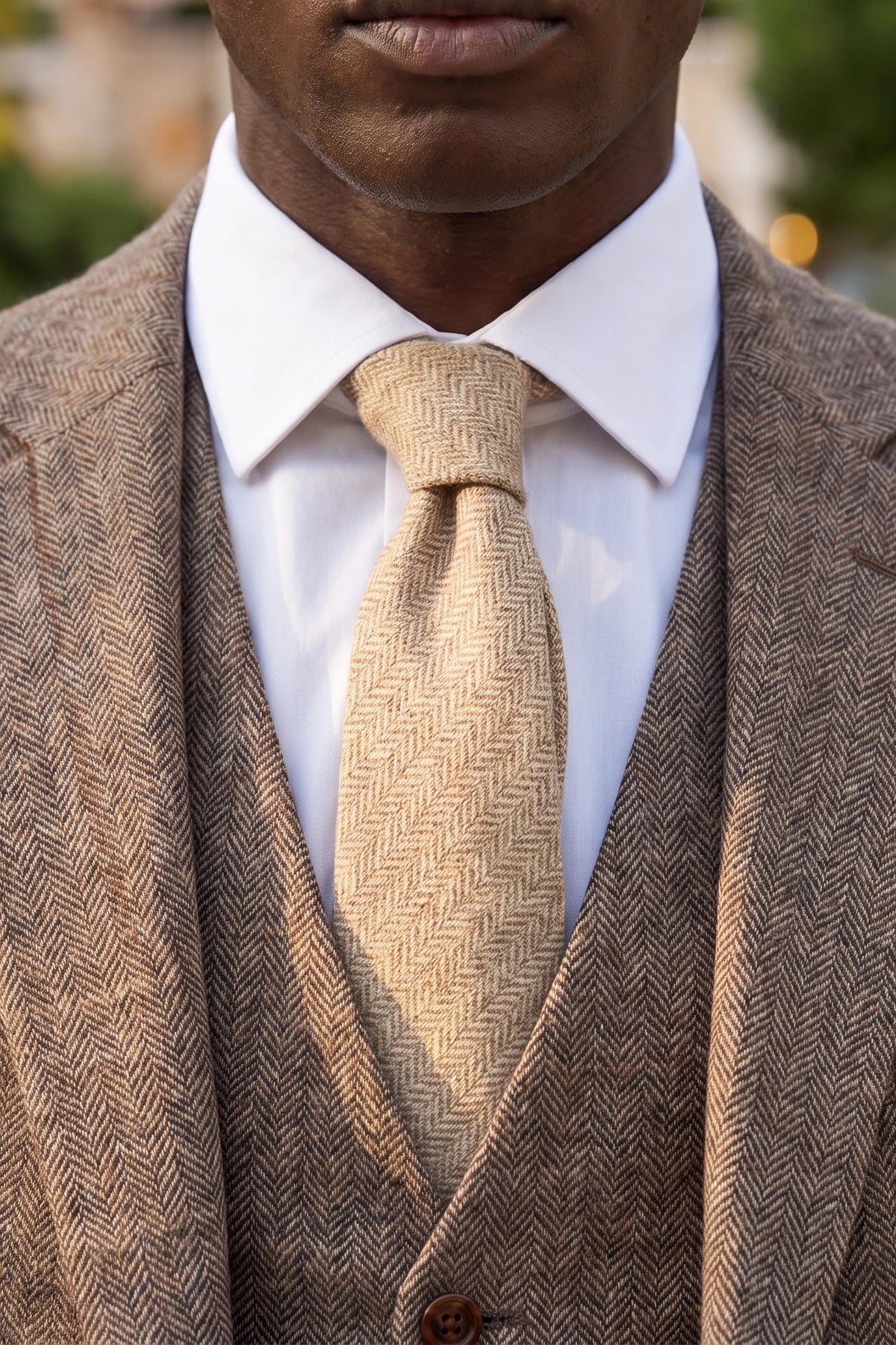 Miesten kermanvärinen villasekoitteinen tweed-solmio