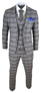Miesten harmaa kolmiosainen tweed-ruutupuku