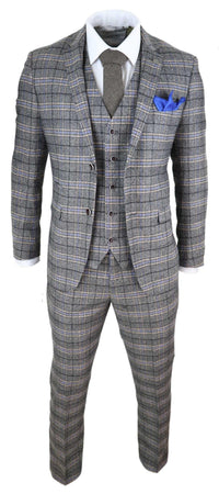 Miesten harmaa kolmiosainen tweed-ruutupuku