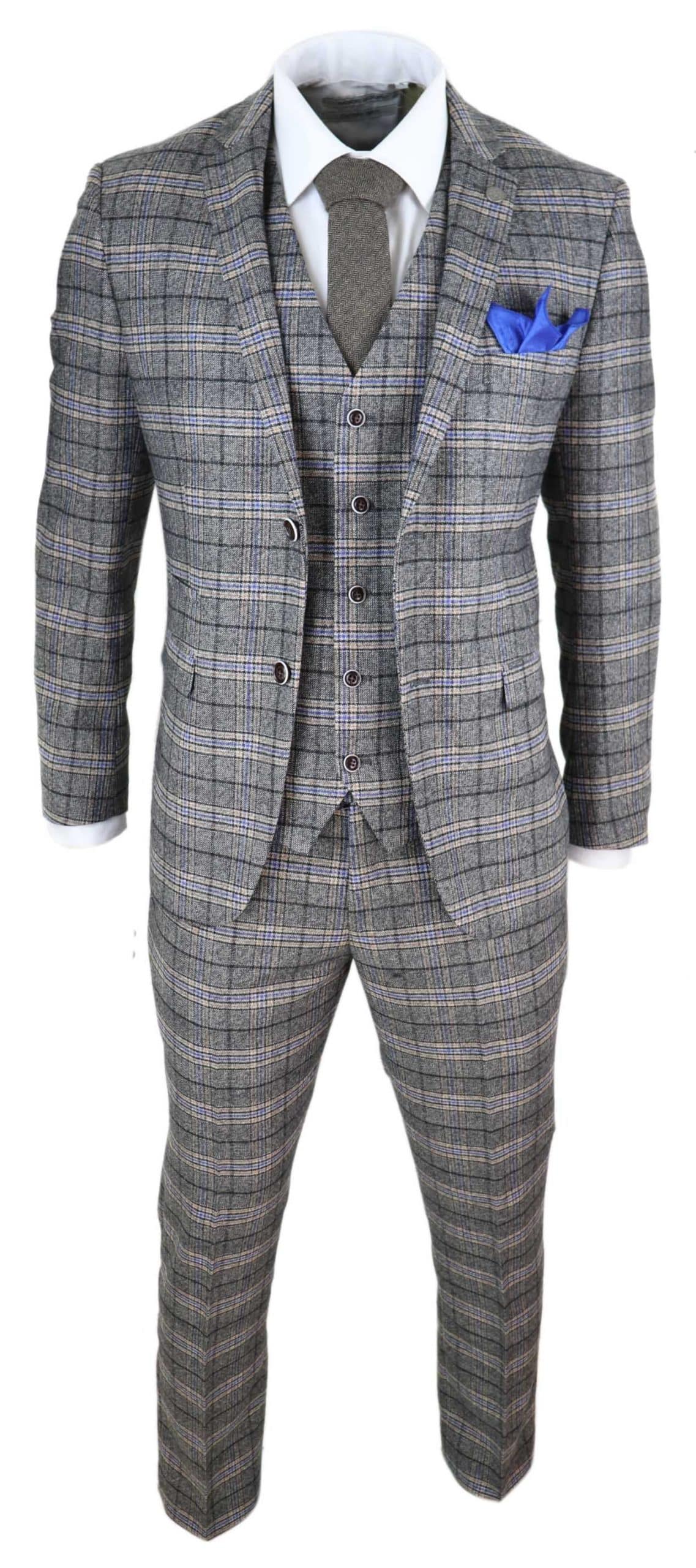 Miesten harmaa kolmiosainen tweed-ruutupuku