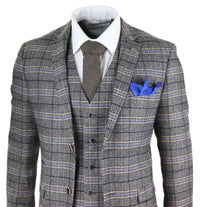 Miesten harmaa kolmiosainen tweed-ruutupuku