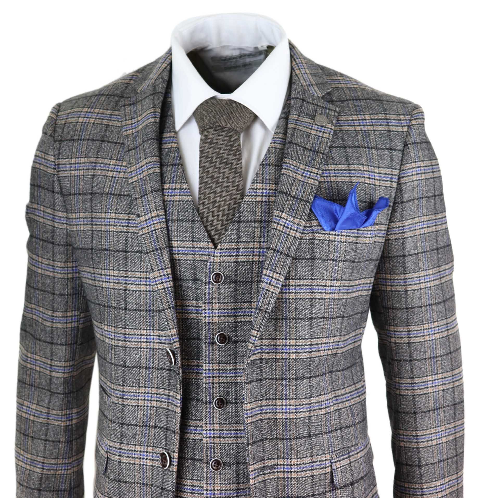 Miesten harmaa kolmiosainen tweed-ruutupuku