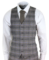Miesten harmaa kolmiosainen tweed-ruutupuku