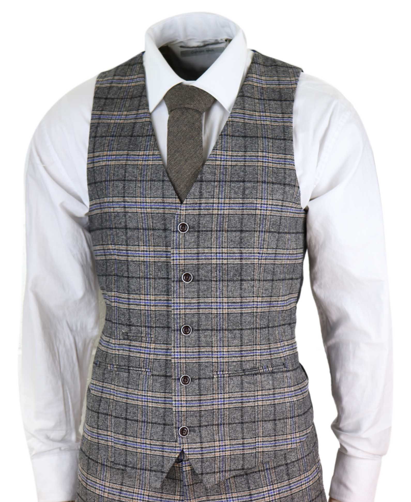 Miesten harmaa kolmiosainen tweed-ruutupuku