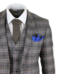Miesten harmaa kolmiosainen tweed-ruutupuku