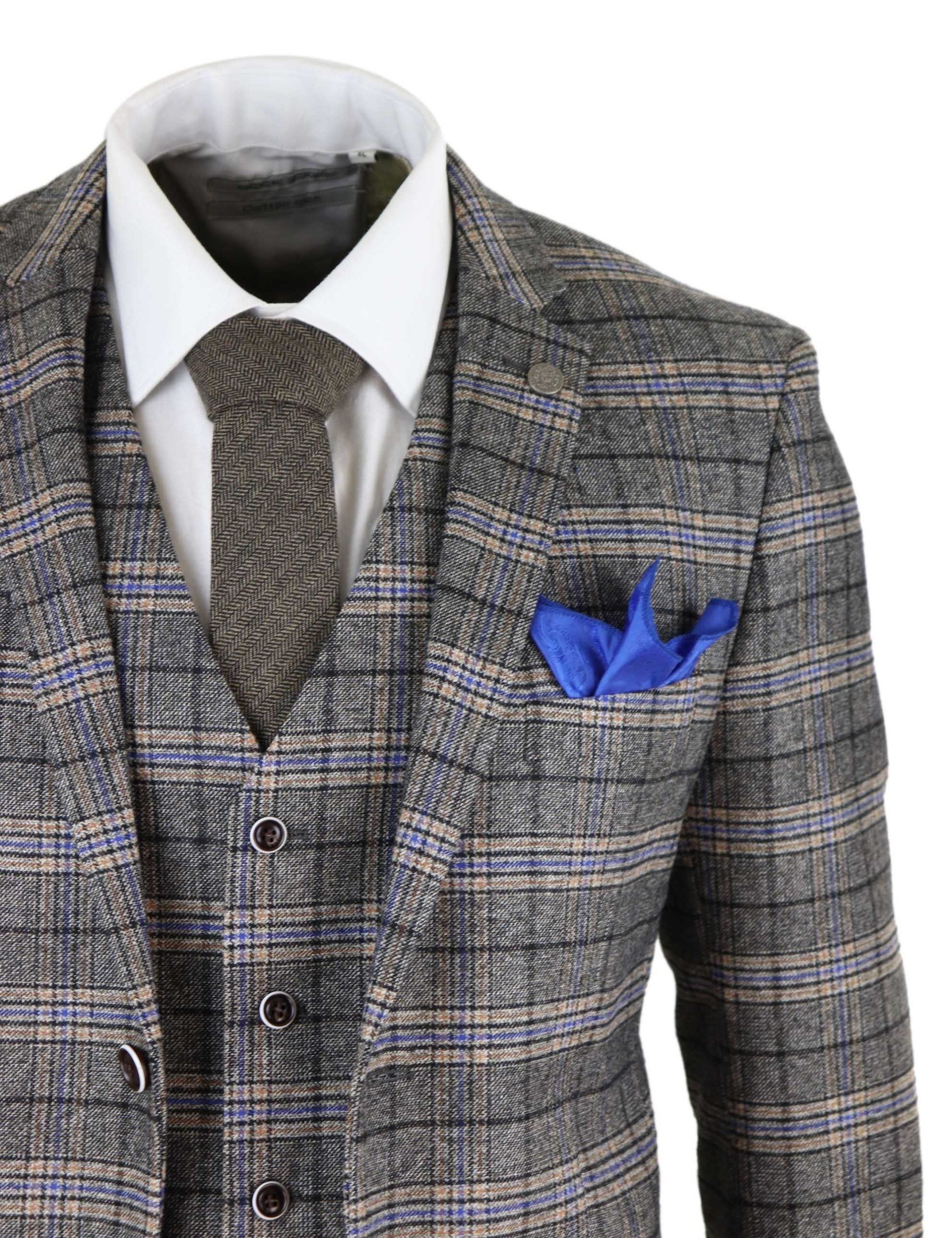 Miesten harmaa kolmiosainen tweed-ruutupuku