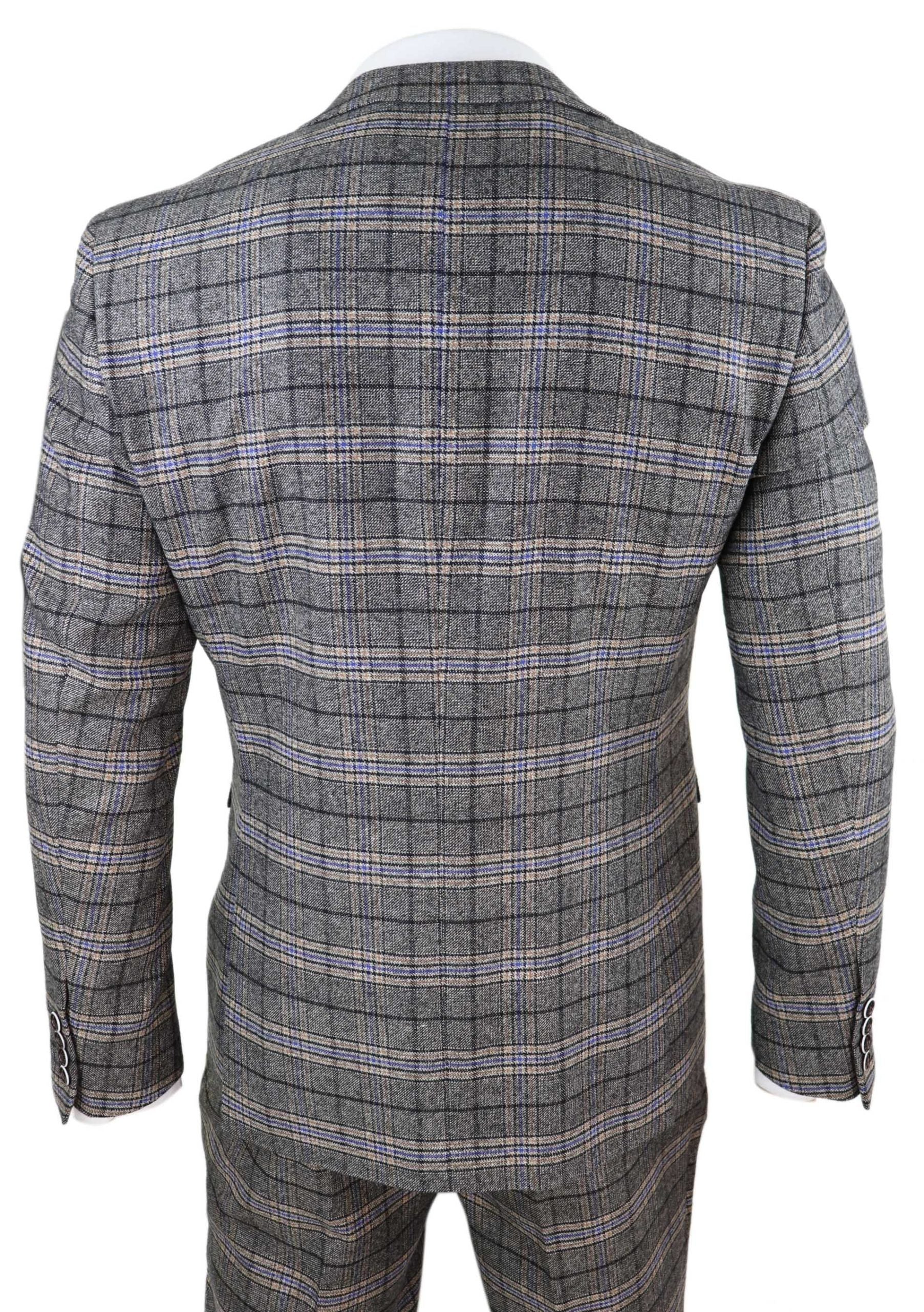 Miesten harmaa kolmiosainen tweed-ruutupuku
