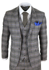 Miesten harmaa kolmiosainen tweed-ruutupuku