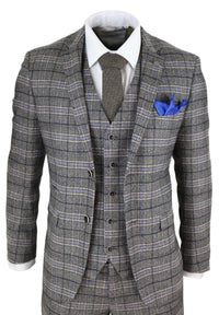 Miesten harmaa kolmiosainen tweed-ruutupuku