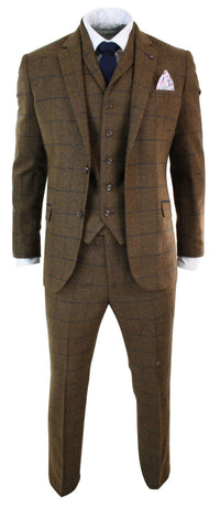 Miesten kalanruotokuvioinen tweed-ruutukuvioinen kolmiosainen villapuku Peaky Blinders - ruskea