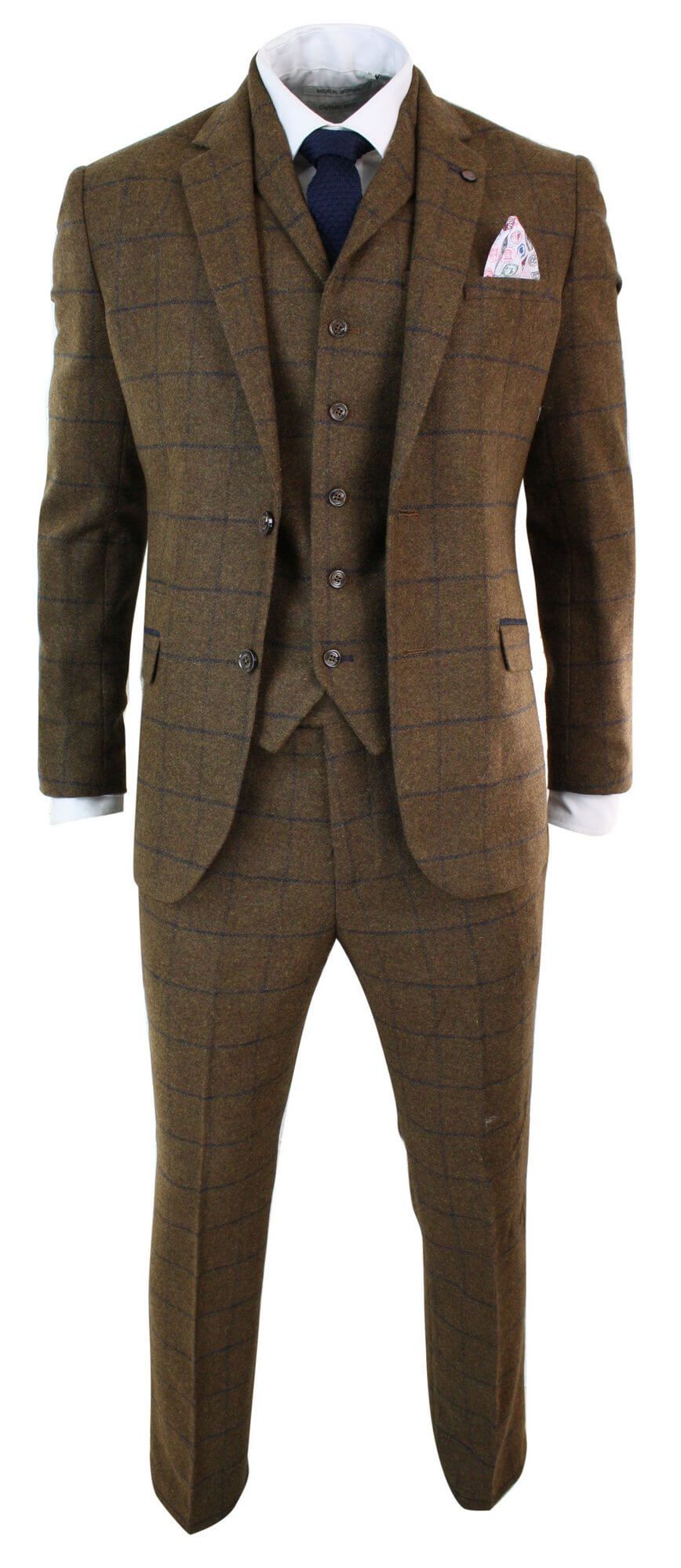 Miesten kalanruotokuvioinen tweed-ruutukuvioinen kolmiosainen villapuku Peaky Blinders - ruskea