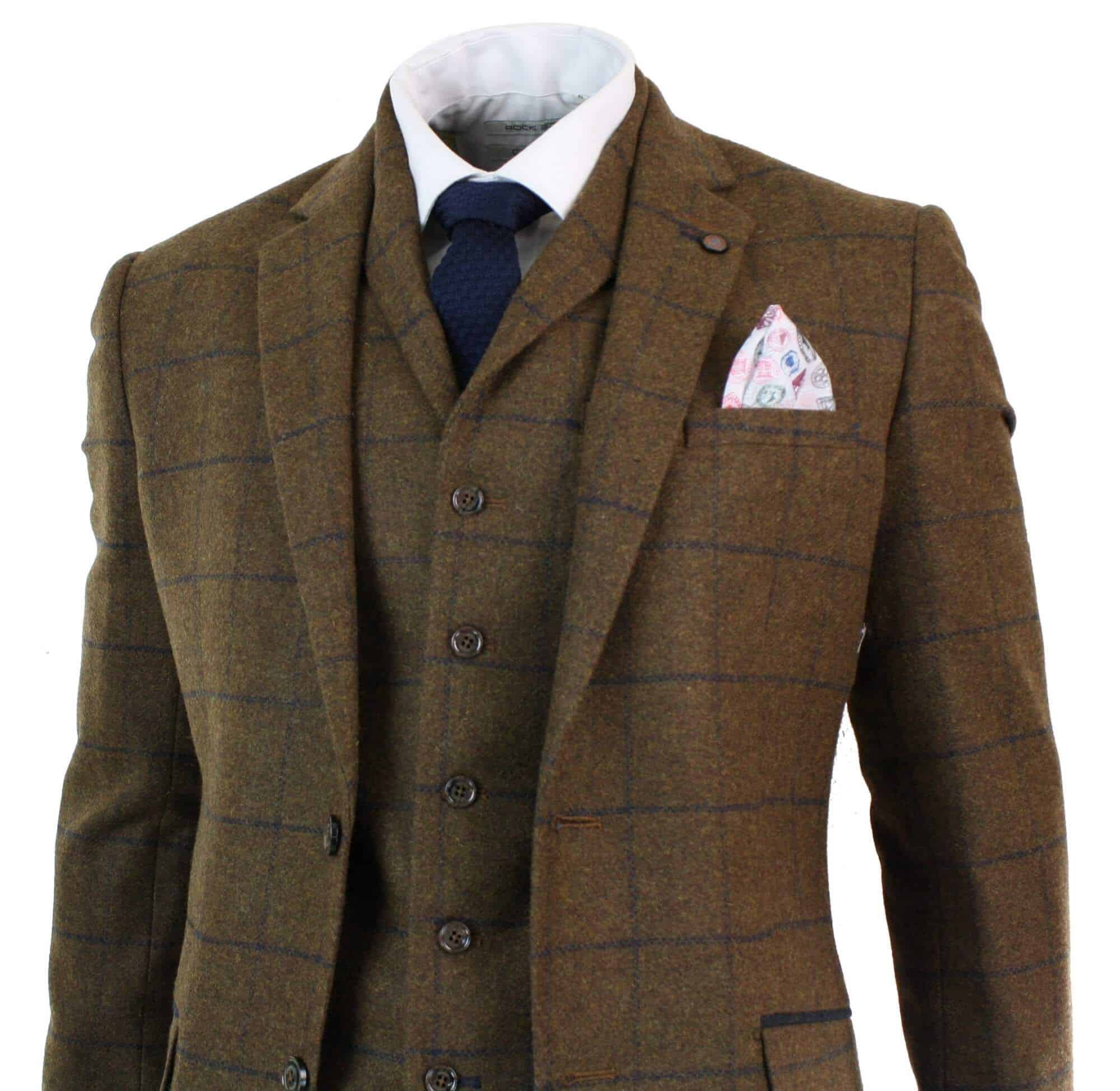Miesten kalanruotokuvioinen tweed-ruutukuvioinen kolmiosainen villapuku Peaky Blinders - ruskea