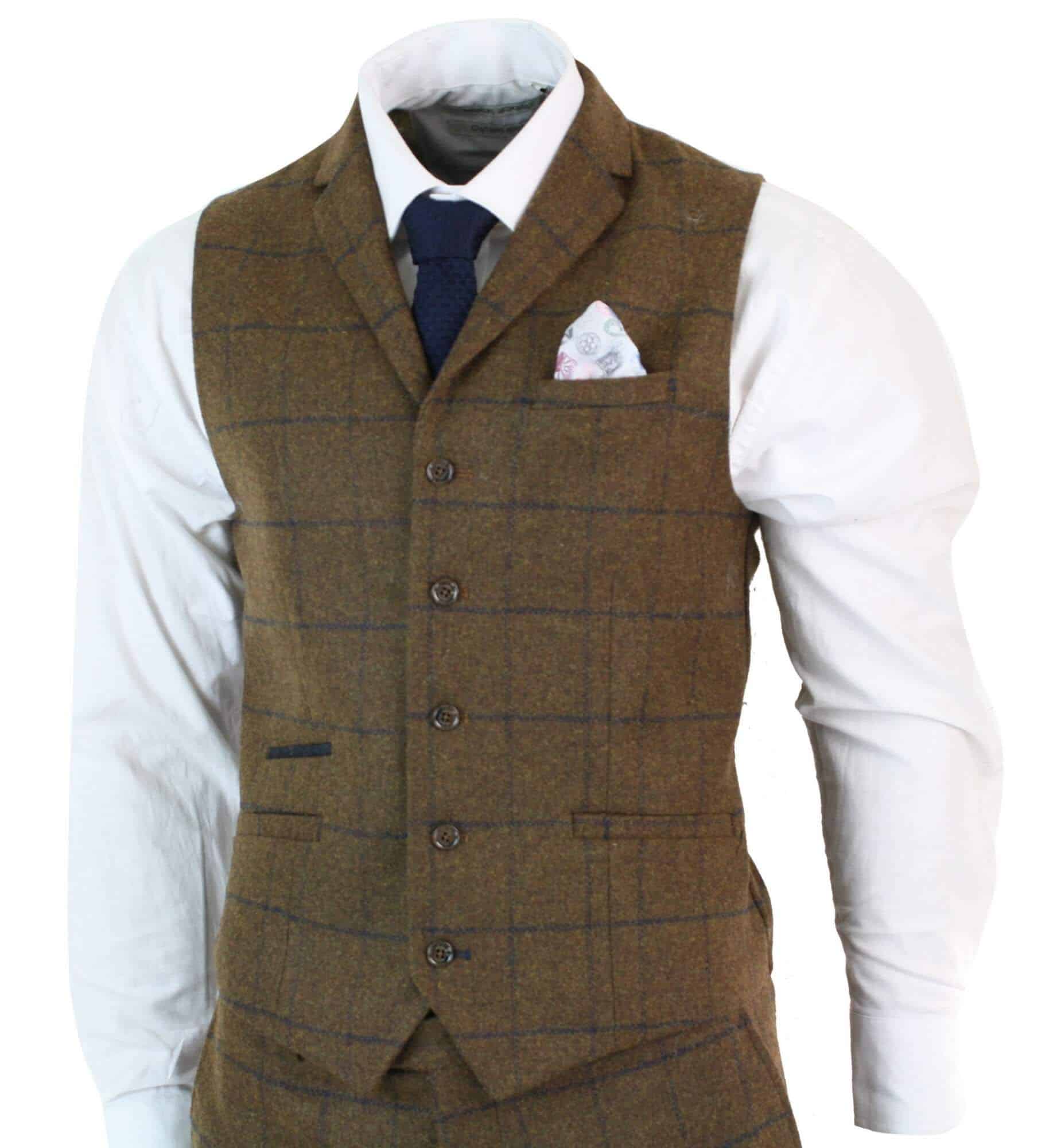 Miesten kalanruotokuvioinen tweed-ruutukuvioinen kolmiosainen villapuku Peaky Blinders - ruskea