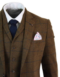 Miesten kalanruotokuvioinen tweed-ruutukuvioinen kolmiosainen villapuku Peaky Blinders - ruskea