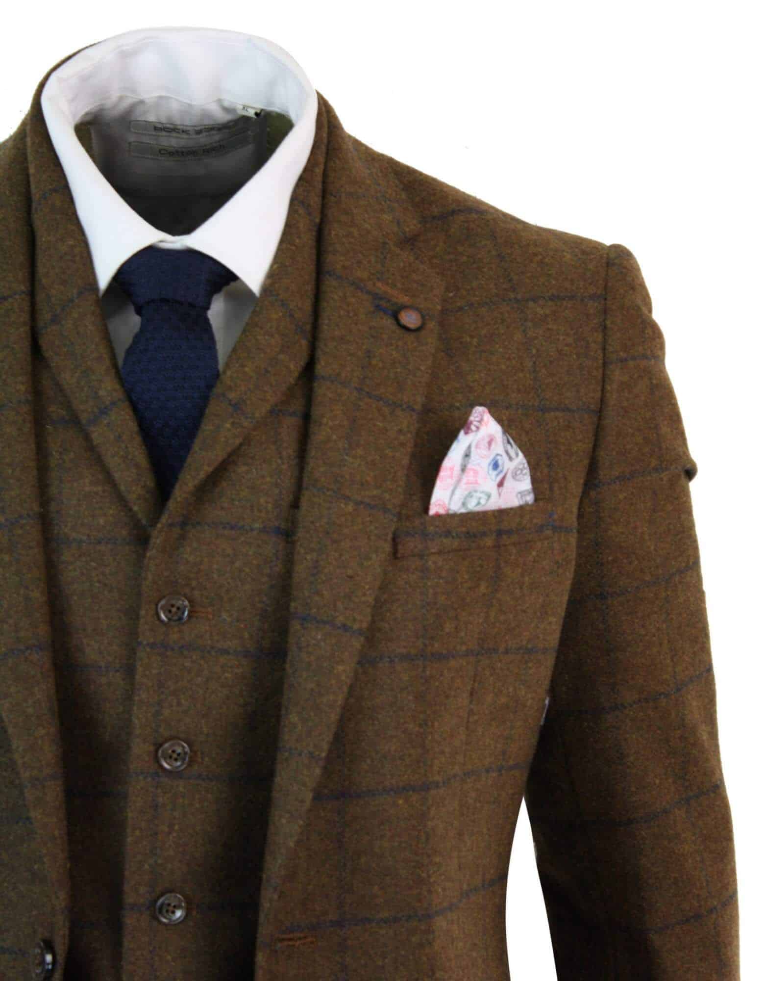 Miesten kalanruotokuvioinen tweed-ruutukuvioinen kolmiosainen villapuku Peaky Blinders - ruskea