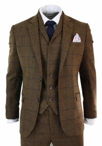 Miesten kalanruotokuvioinen tweed-ruutukuvioinen kolmiosainen villapuku Peaky Blinders - ruskea